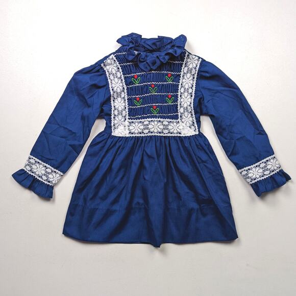 Vintage Polly Flinders Dress Girls Size 2-3T Blue Smocked Mock Neck Christmas - Picture 1 of 4